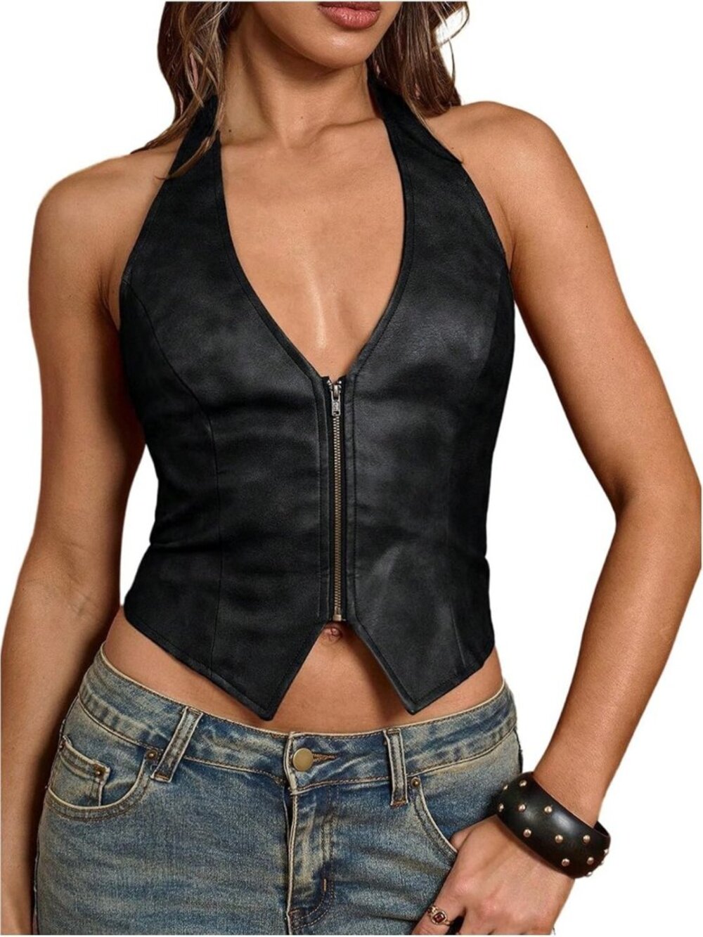 Chic Women's PU Faux Leather Western Vest with Lace-Up Back - Trendy Outfit Top